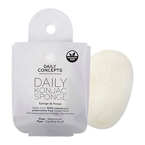 DAILY CONCEPTS Konjac Sponge - 100% Natural, pH Balancing, Functional Suction Cup - White