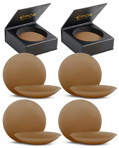 Orca Beauty Nipple Covers - Seamless, Reusable, Hypoallergenic, 6 Skin Tones - 4 Pairs, Large Chai