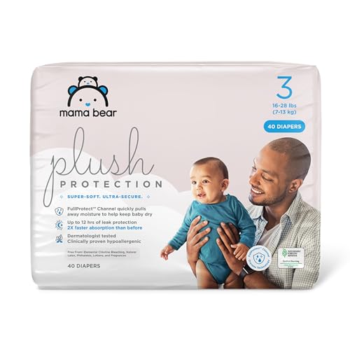 Mama Bear Plush Protection Diapers - Hypoallergenic, 12-Hour Leak Defense - Size 3, 40 Count