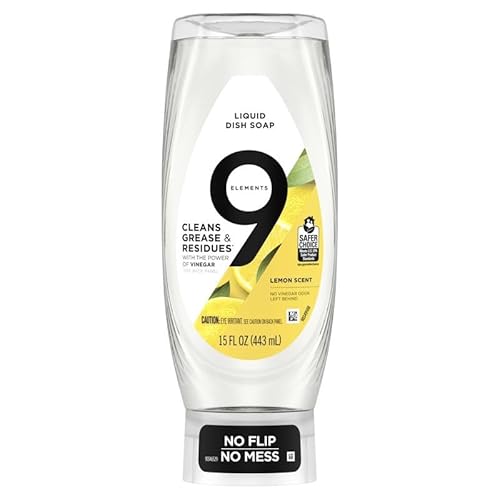 9 Elements EZ Squeeze Dish Soap - Powerful Grease Cutting, Lemon Scent - 15 oz Bottle