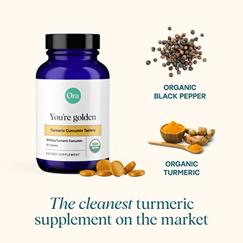 Ora Organic Turmeric Supplement - Joint & Heart Support, No Fillers - 90 Vegan Tablets