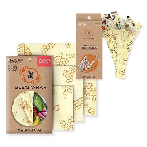 Bee's Wrap Outdoor Bundle - Reusable Food Wraps & Natural Fire Starters, 3 Pack, Honeycomb Print