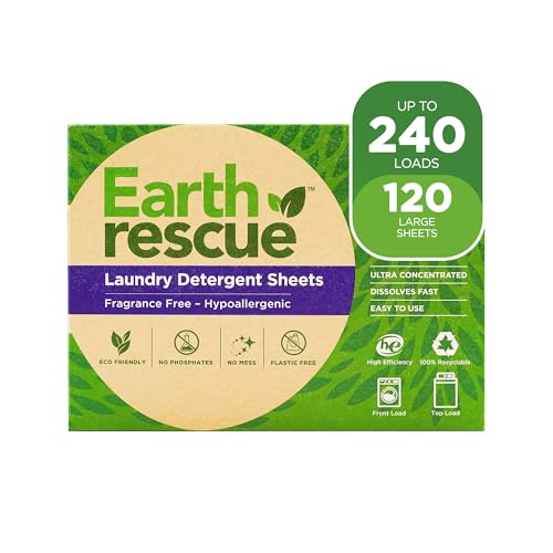 Earth Rescue Laundry Detergent Sheets - Ultra Concentrated, Fragrance-Free, 240 Loads - 120 Sheets