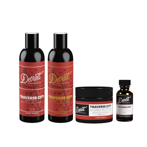 Detroit Grooming Co. Men's Beard Care Set - Hydrating Oil, Butter & Wash, Cherry & Tobacco Scent
