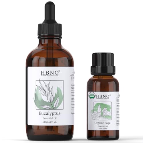 HBNO Eucalyptus & Organic Sage Essential Oils - Premium Quality, USDA Certified - 4oz & 1oz Bundle
