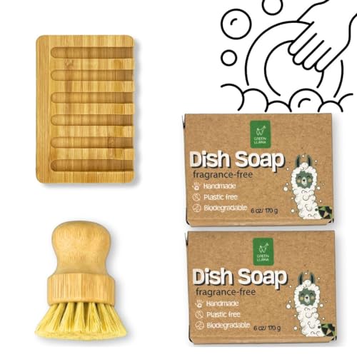Green Llama Dish Washing Soap Bar Set - Powerful Clean, Natural Ingredients, Bamboo Holder - 2 Bars
