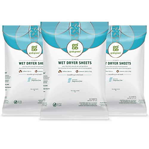 Grab Green Dryer Sheets - Naturally Softens Clothes, Fragrance Free, Compostable - 96 Sheets