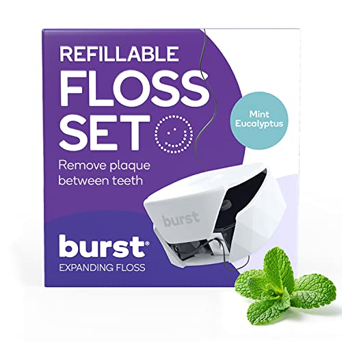 BURST Dental Floss Dispenser Set - Expanding Mint Eucalyptus, Stain-Absorbing Charcoal - 32 Yards