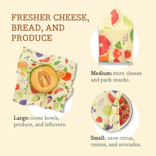 Bee's Wrap Reusable Beeswax Food Wraps - Natural Freshness, Organic Cotton, 3 Sizes
