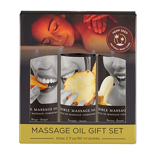 Earthly Body Edible Massage Oil Set - Hydrating & Anti-Aging, Mango, Banana, Pineapple - 3x2oz