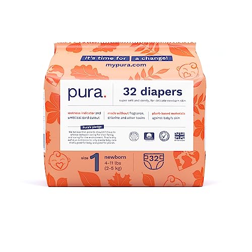 Pura Diapers - Hypoallergenic Comfort, Allergy UK Certified, 12-Hour Leak Protection - Size 1, 32ct