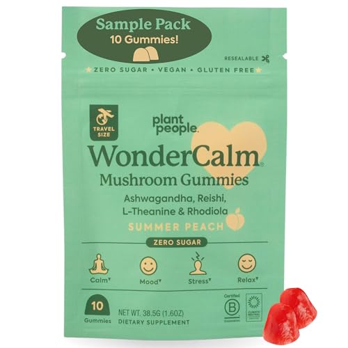 Plant People WonderCalm Mushroom Gummies - Eases Stress, Boosts Mood, Vegan, Peach Flavor - 60g