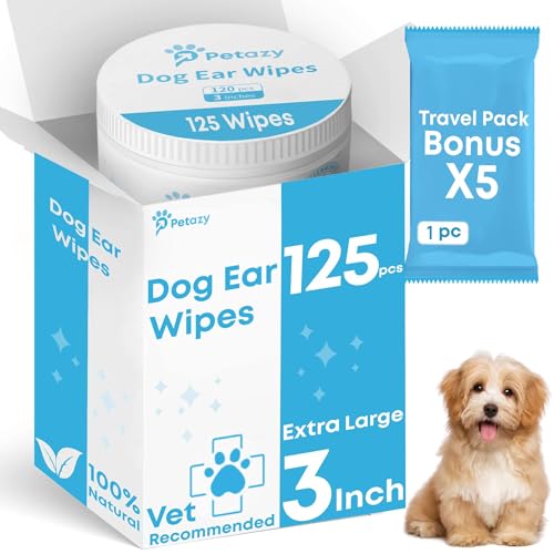 Petazy Dog Ear Wipes - Gentle, Natural Cleaning for Itchy Ears, Odor Relief - 125 XL Wipes