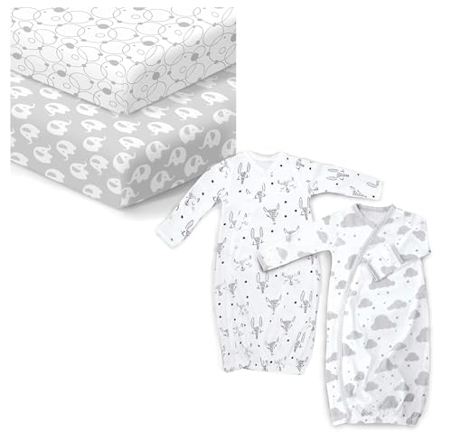 Cambria Baby Gift Set - Soft Organic Cotton Sheets & Kimono Gowns, Gender Neutral - 0-6 Mo