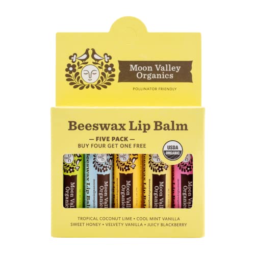 Moon Valley Organics Beeswax Lip Balm - Moisturizes Lips & Cuticles, Organic Ingredients - 5-Pack