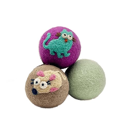 Hustle & Blush Cat Toy - 100% Organic New Zealand Wool, Interactive Fun - Pack of 3, 2in Balls