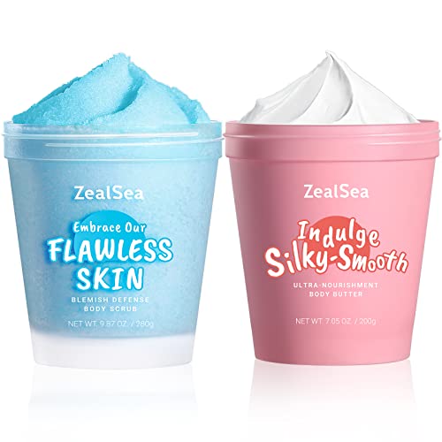 ZealSea Body Care Set - Exfoliating Dead Sea Salt Scrub & Moisturizing Shea Butter - 9.88oz, 7.05oz