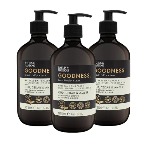 Baylis & Harding Liquid Hand Soap - 98% Organic, Vegan, Recyclable - Oud Cedar & Amber, 16.9oz