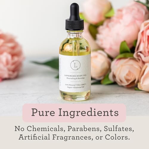 Lizush Lavender Body Oil - Nourishing, Vegan, Non-GMO, Hydrating - 2 oz Glass Bottle