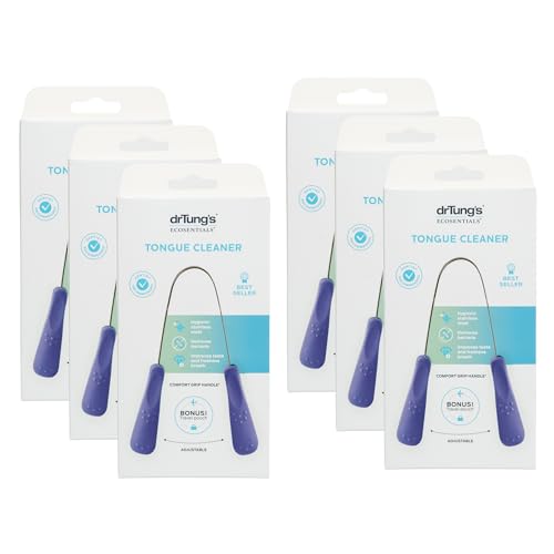 DrTung's Stainless Steel Tongue Scraper - Freshens Breath, Ergonomic Design, Easy Grip - 6 Pack
