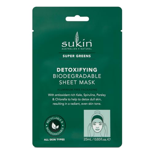 Sukin Super Greens Detoxifying Sheet Mask - Revitalizes Dull Skin, Vegan & Biodegradable - 8 Pack