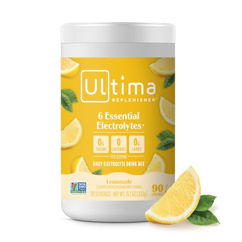 Ultima Replenisher Hydration Powder - 6 Key Electrolytes, Sugar-Free, Vegan - Lemonade, 90 Servings
