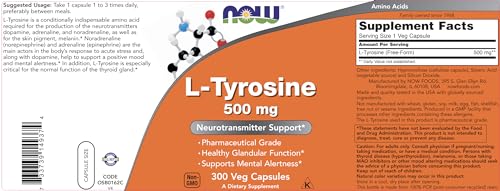 Now Foods L-Tyrosine 500mg - Supports Mental Alertness, Non-GMO, 300 Capsules