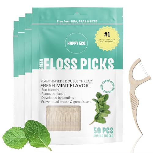 Natural Dental Floss Picks - Nontoxic, Durable and Reusable - Mint Flavor, 200 Count