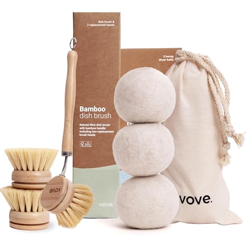 Vove Cleaning Essentials Set - Natural Dish Brush & Hemp Dryer Balls, Plastic-Free Bundle