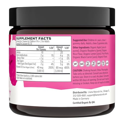 Llama Naturals Vitamin D3 Gummies - Supports Healthy Bones & Immunity, Organic Raspberry - 60 ct