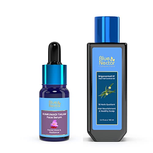 Blue Nectar Hair & Face Oil Duo - Radiant Complexion, Hair Fall Control - 0.3oz & 3.38oz