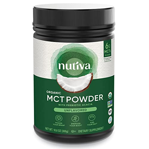 Nutiva Organic MCT Powder - Quick Energy Boost, Prebiotic Fiber, Non-GMO - 10.6 Oz