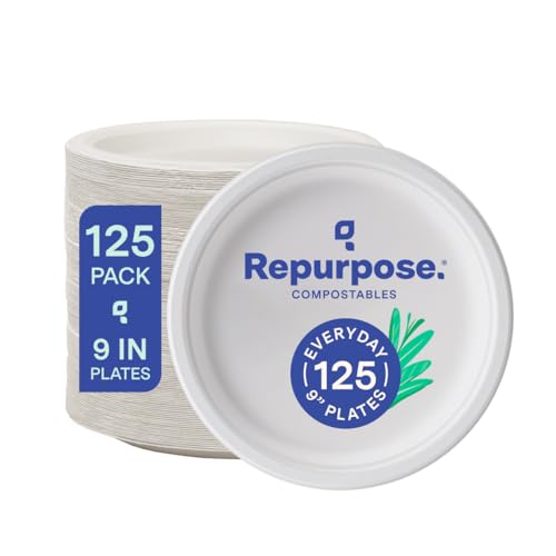 Repurpose 9 Inch Compostable Plates - Heavy Duty, PFAS Free, Microwave Safe - 125 Count