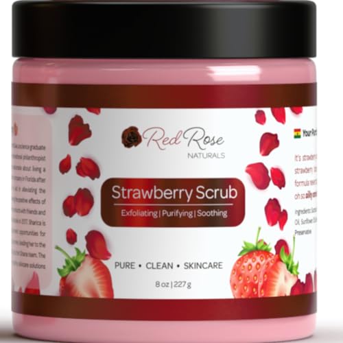 Red Rose Naturals Body Scrub - Exfoliating Strawberry Formula, Vegan, Handmade - 8 oz