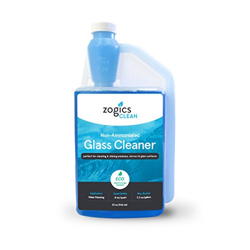 Zogics Glass Cleaner Concentrate - Streak-Free Shine, Non-Ammoniated, 32 oz Makes 10 Gallons