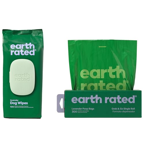 Earth Rated Dog Waste Bag & Grooming Wipes - Thick, Durable, Lavender-Scented - 300 Bags & 100 Wipes