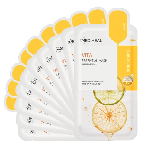MEDIHEAL Korean Sheet Mask - Brightening & Hydrating Vitamins, Biodegradable - 10 Sheets