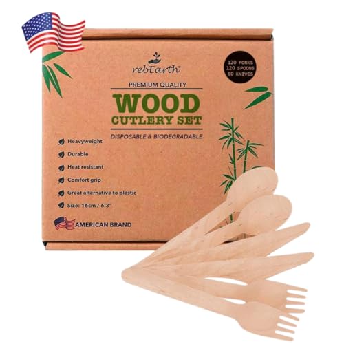 rebEarth Cutlery Set - Durable Birch Wood Utensils, Compostable, 120 Forks, 120 Spoons, 60 Knives
