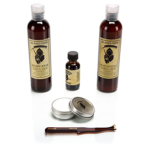The Blades Grim Beard Care Set - Hydrates Skin, Cleans & Conditions, All Natural - 5 Items