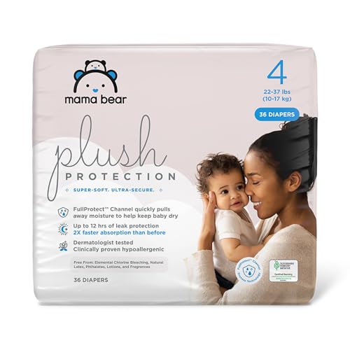 Mama Bear Plush Protection Diapers - Hypoallergenic, 12-Hour Leak Protection, Size 4, 36 Count