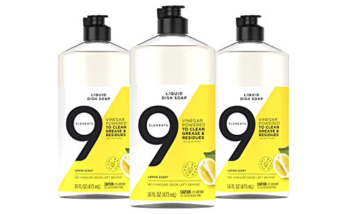 9 Elements Dishwashing Liquid - Cuts Grease, Vinegar-Powered, 100% Lemon Oil - 16oz (Pack of 3)
