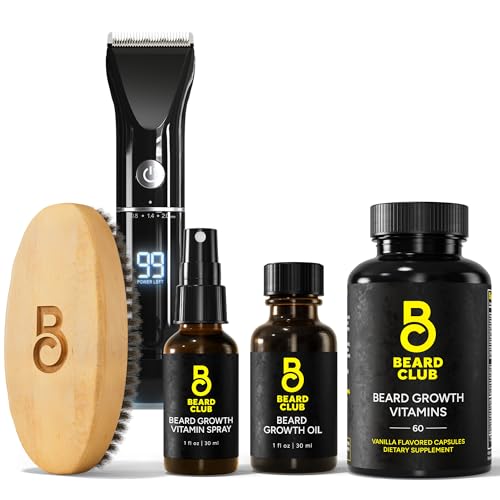 Beard Club Men's Grooming Set - Beard Trimmer, Growth Oil & Vitamins for Fuller Beards