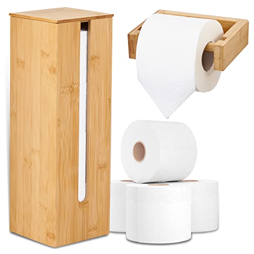 Hennez Bamboo Toilet Paper Holder - Large Capacity, FSC Certified - Space-Saving Design