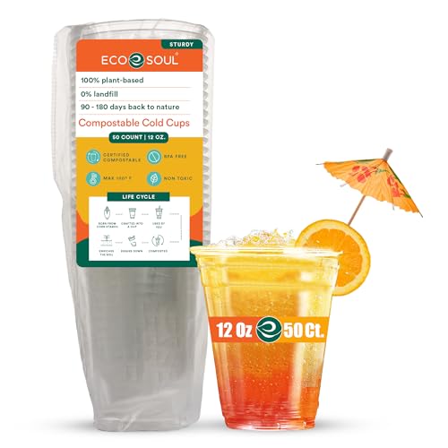 Eco Soul Compostable Party Cups - Lightweight, BPI Certified, Stylish Design - 50 Count, 12 oz