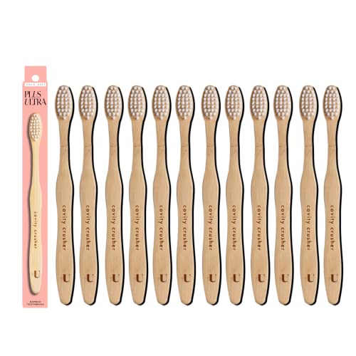 PLUS ULTRA Kids Bamboo Toothbrush - Soft Bristles, Dentist Approved, Positive Affirmations - 12 Pack