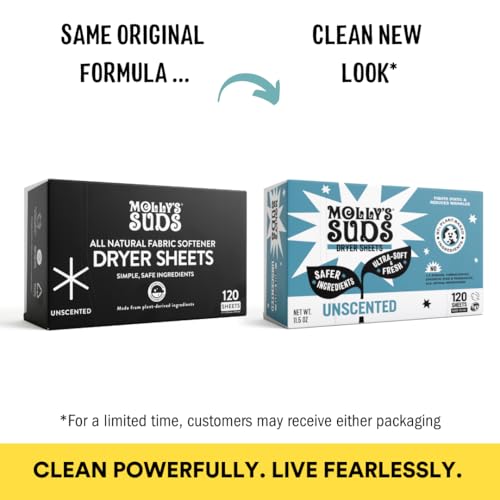 Molly's Suds Fabric Softener Dryer Sheets - Plant-Based, Sensitive Skin, Plastic-Free - 120 Sheets