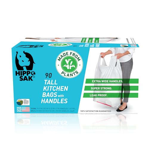 Hippo Sak Tall Kitchen Trash Bags - USDA Certified Biobased, Leak Proof, 90 Count, 13 Gallon