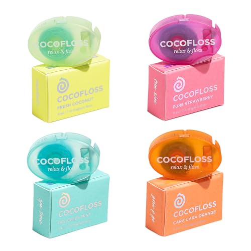 Cocofloss Dental Floss - Dentist-Designed, Coconut Oil Infused, Vegan, Travel Sampler - 4-Pack Minis