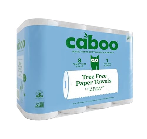 Caboo Tree Free Paper Towels - Strong, Absorbent, Non-GMO, 8 Rolls, 75 Sheets Each