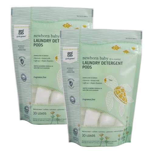 Grab Green Baby Laundry Pods - Gentle, Hypoallergenic, Fragrance-Free, Natural Formula - 60 Pods